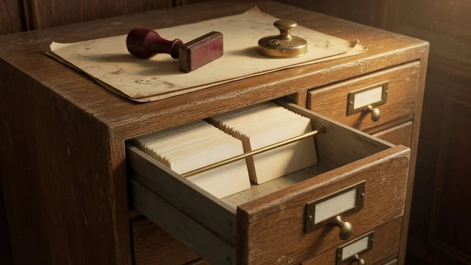 Oak library card catalog with one drawer open on blank cream index cards, a burgundy rubber stamp and a brass weight on a manila sheet